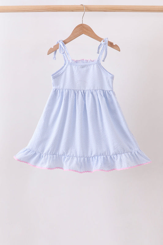 Blue Bow Embroidered Ruffle Dress
