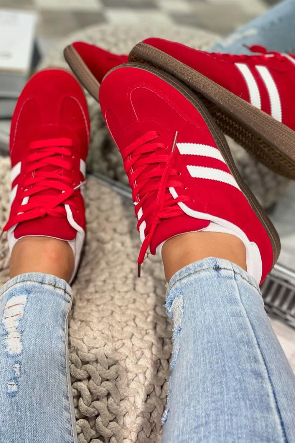 Red Vintage Striped Flat Shoes
