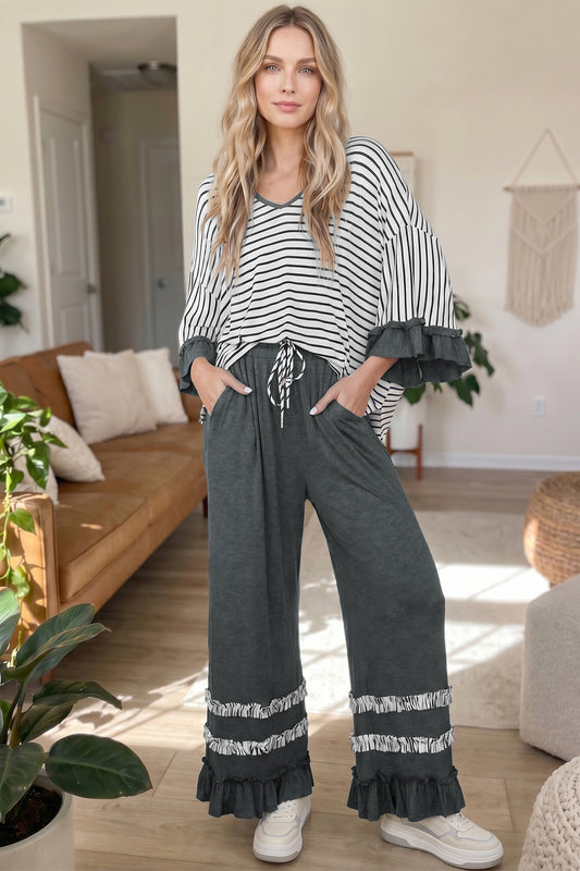 Stripe Ruffle Sleeve Top w/ Pants Set