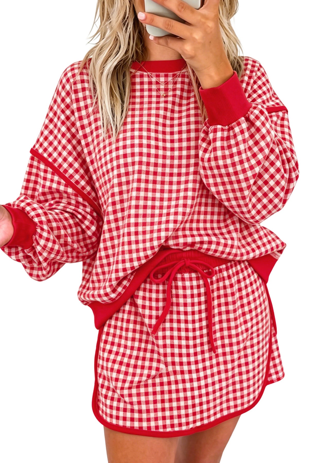 Gingham Oversized Long Sleeve Top and Skort Set