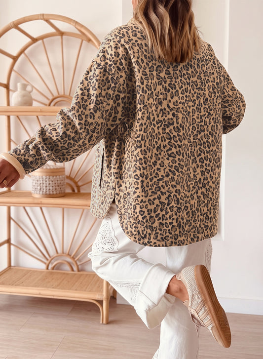 Leopard Print Long Sleeve Denim Jacket