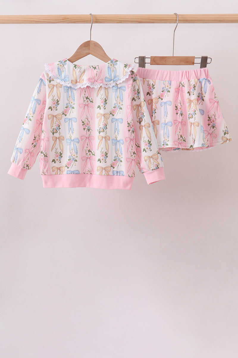 Pink Bow Lace Skorts Set