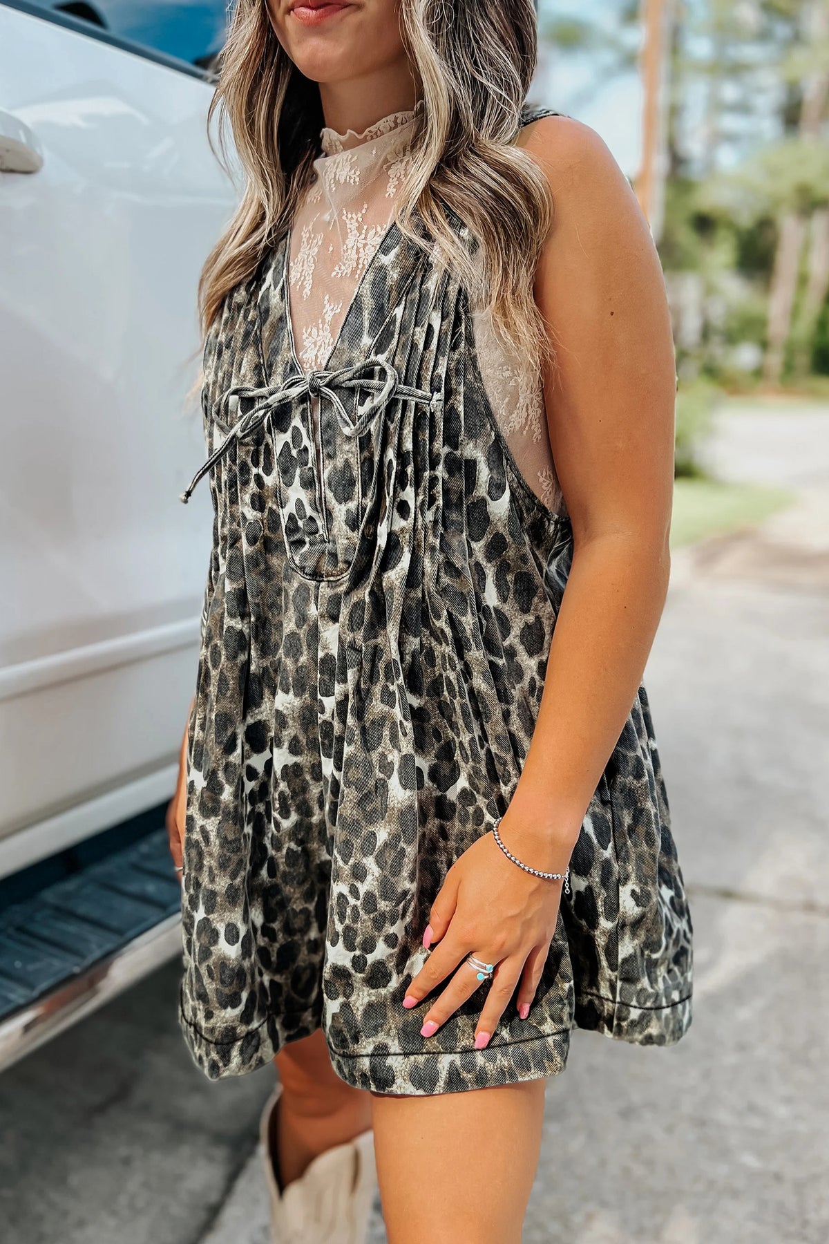 Pleated Sleeveless Denim Romper