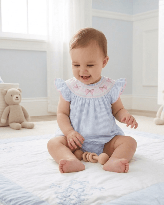 Seersucker Bow Smocked Flutter Romper