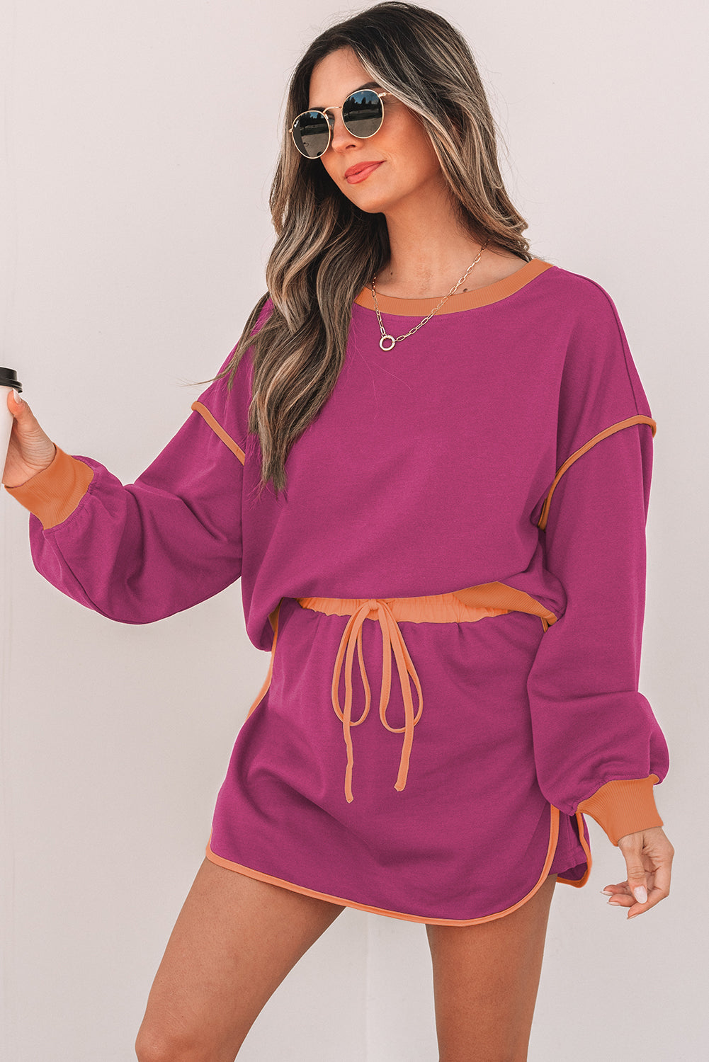 Loose Pullover and Lace-up Waist Skort Set