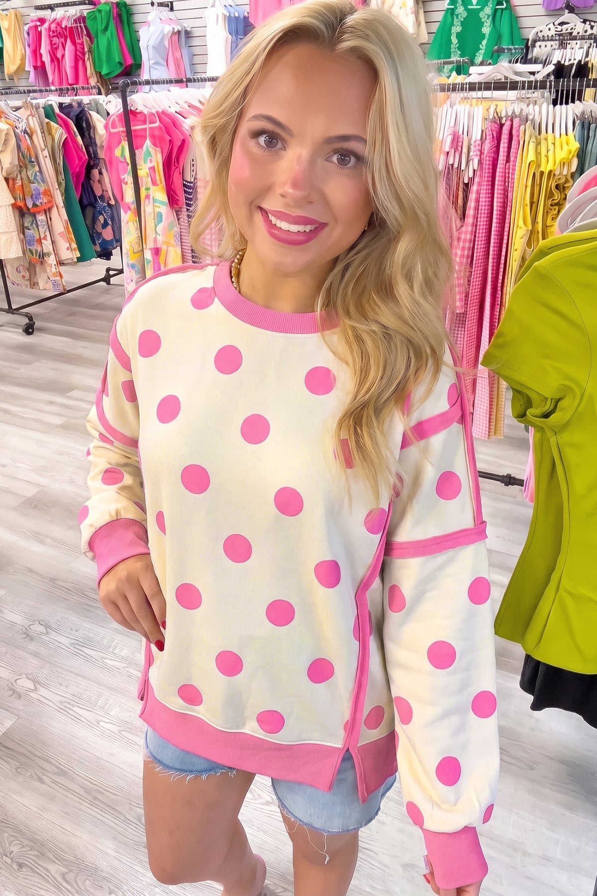 Polka Dot Round Neck Baggy Sweatshirt