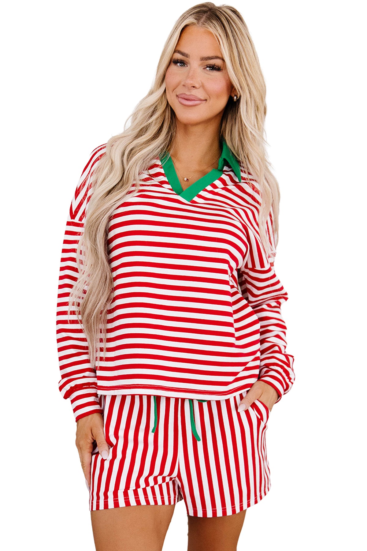 Stripe Long Sleeve Shirt w/Shorts Set
