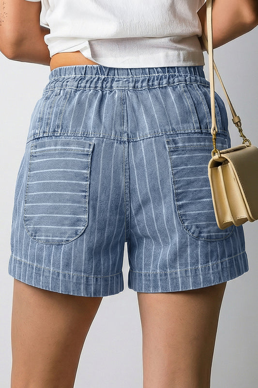 Striped Button Pleated Denim Shorts