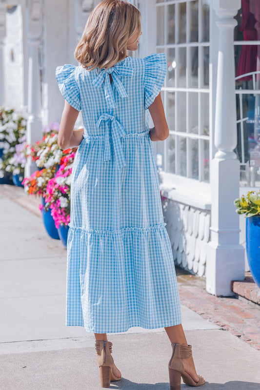 Blue Ruffled Short Sleeve Dress