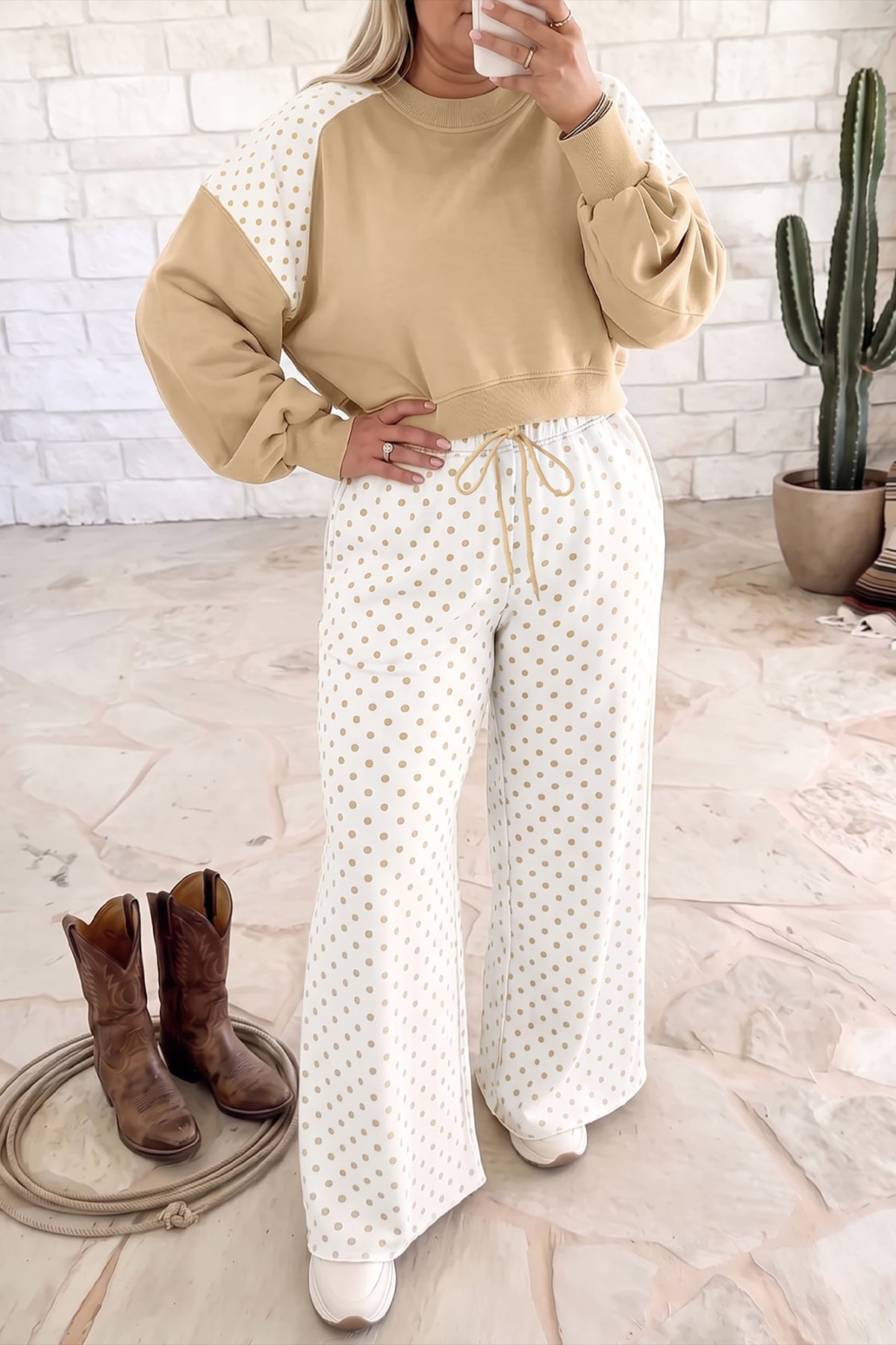 Khaki Plus Size Long Sleeve Top w/Pants Set
