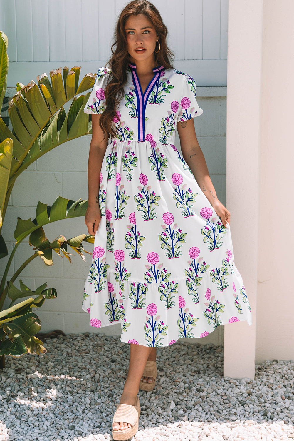Floral Puff Short Sleeve Maxi Dress