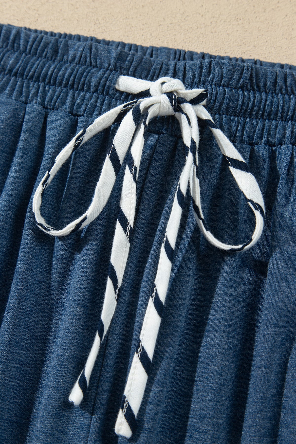 Blue Stripe V Neck Ruffle Contrast Sleeve Top Drawstring Pants 2pcs Set