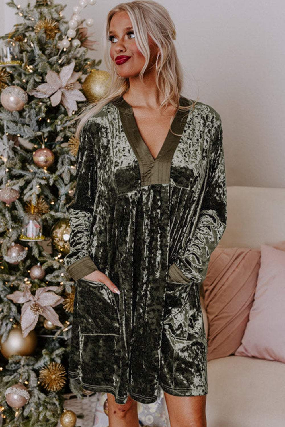 Velvet Long Sleeve Dress with Pockets