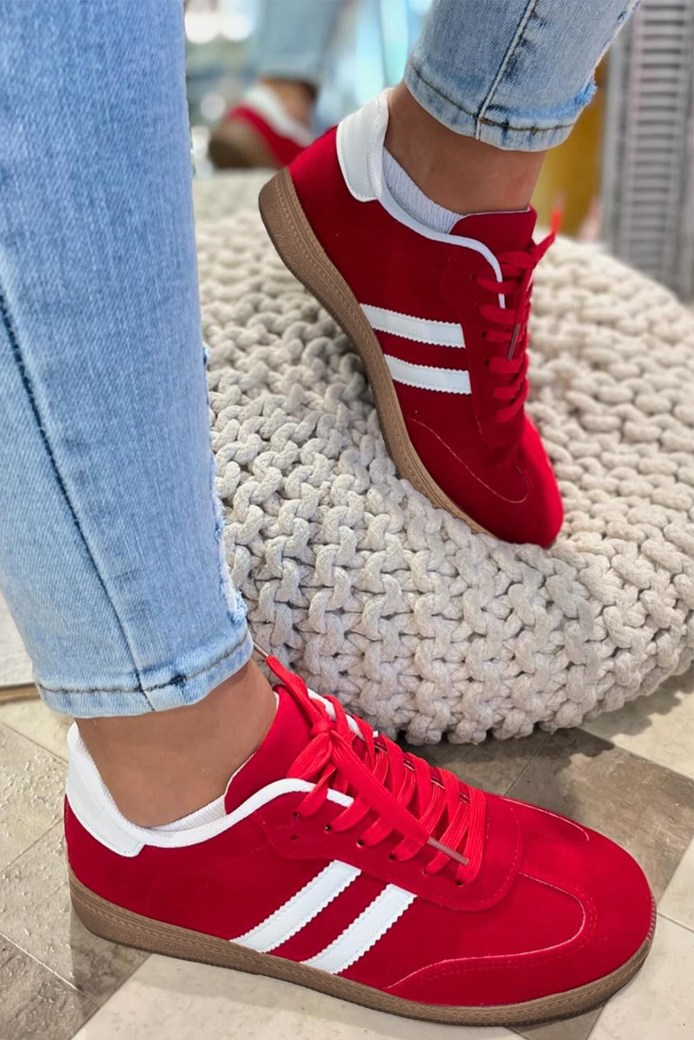 Red Vintage Striped Flat Shoes
