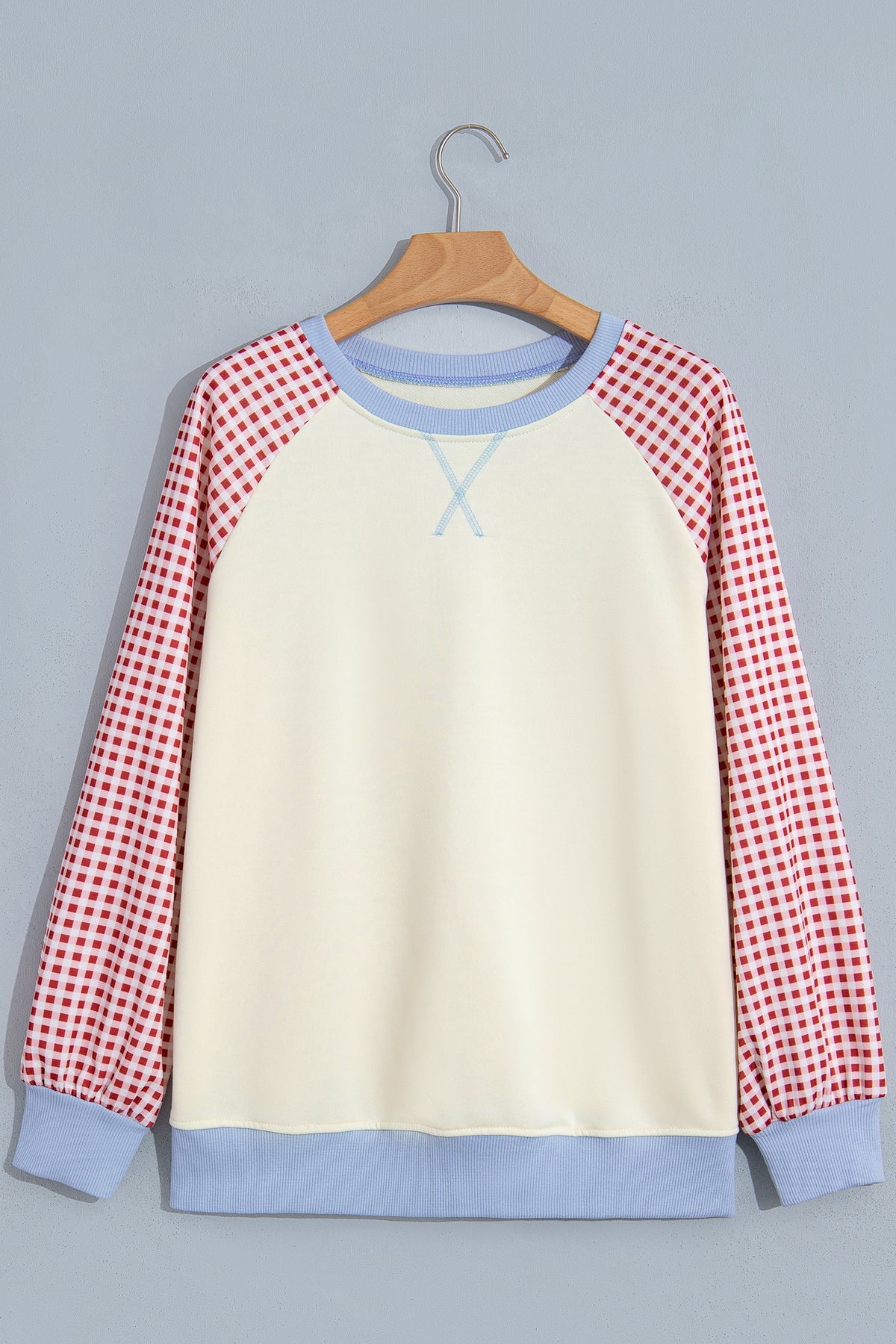 Plaid Sleeve Raglan Pullover Sweatshirt