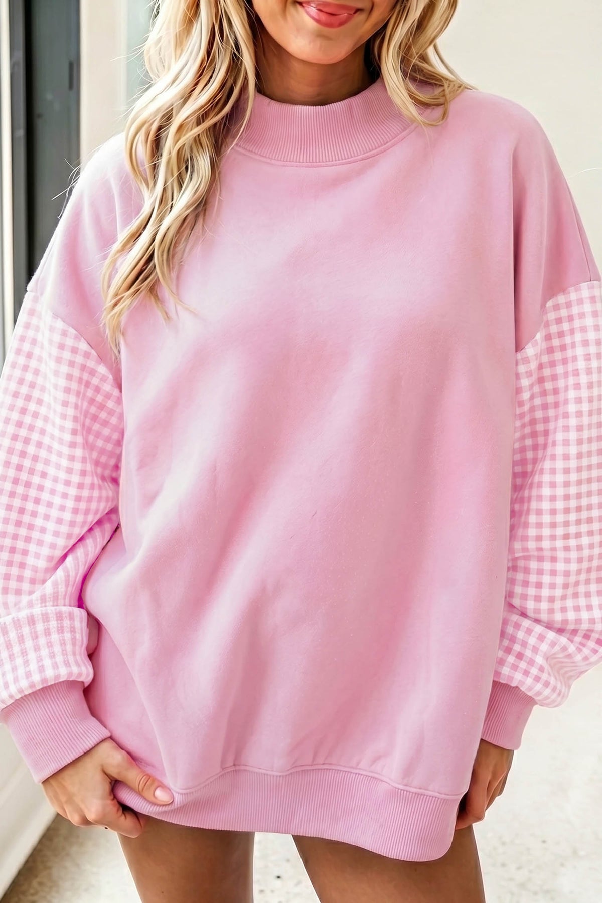 Plaid Sleeve Loose Tunic Sweatshirt