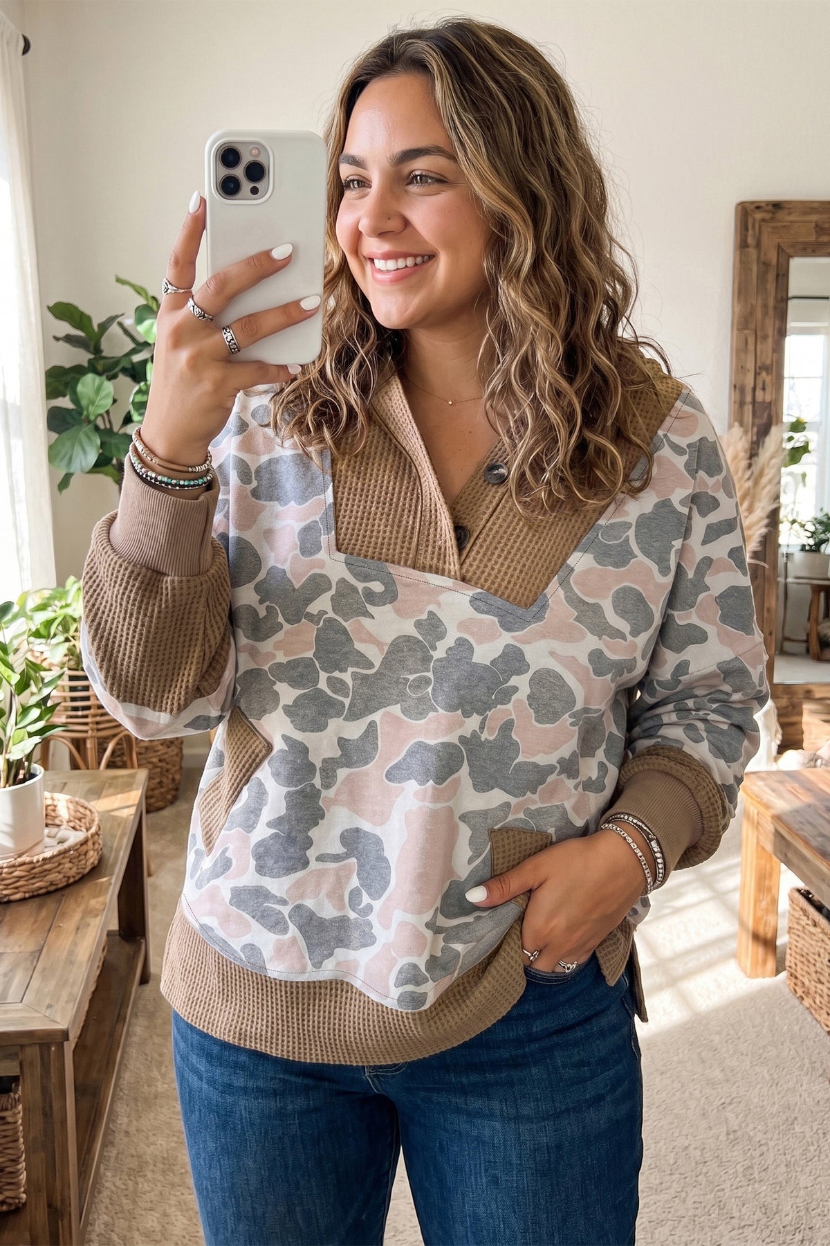 Camouflage Waffle Knit Plus Size Hoodie
