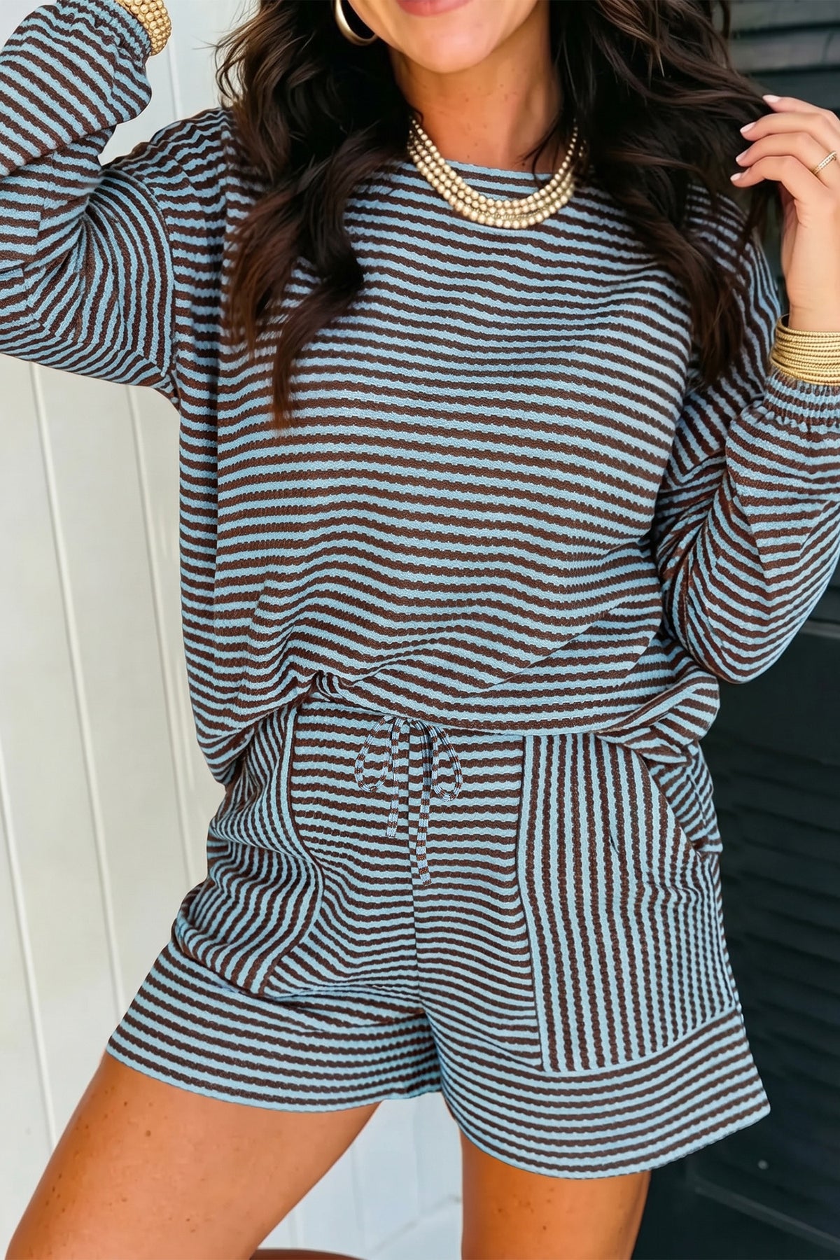 Brown Stripe Long Sleeve Top w/ Shorts