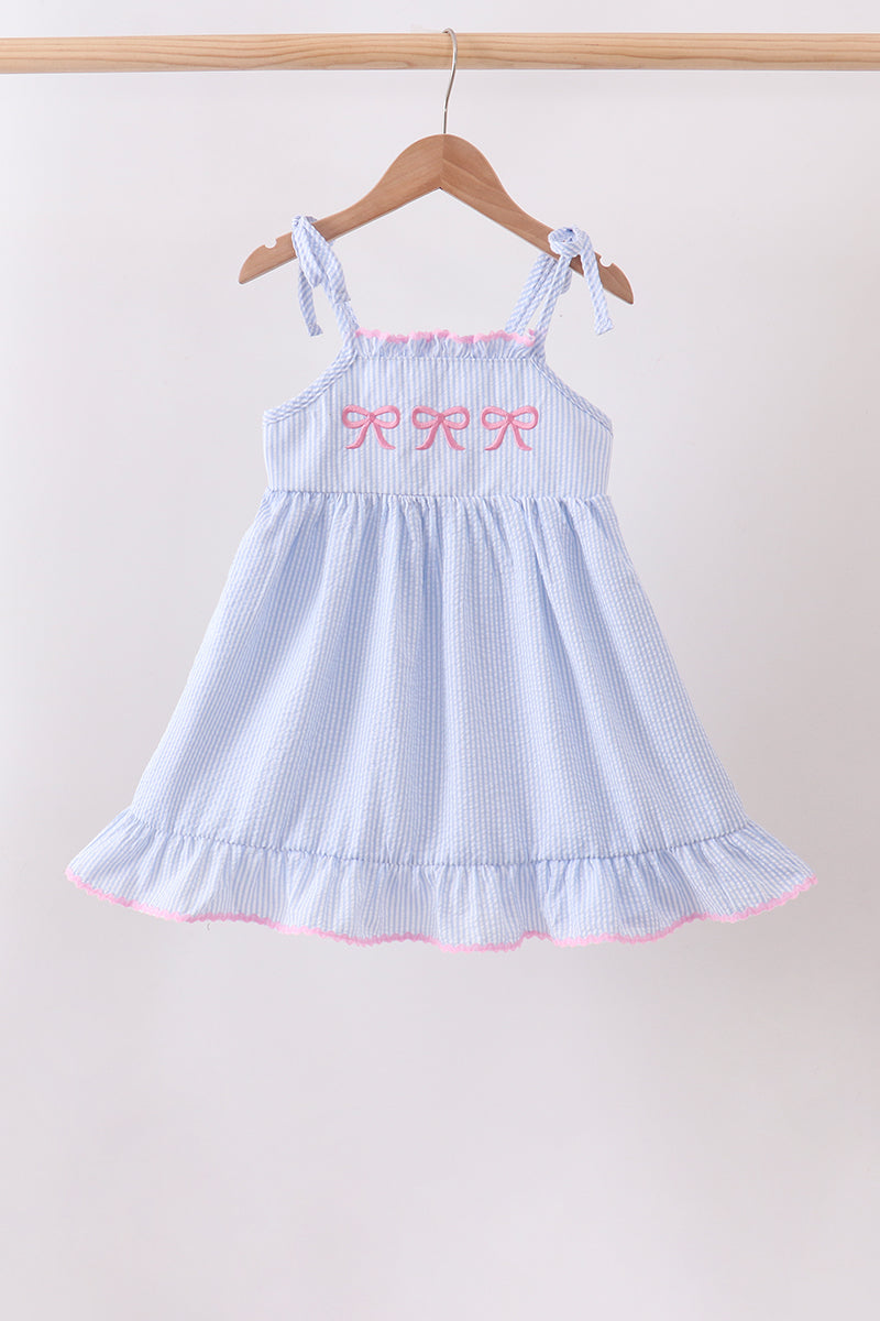 Blue Bow Embroidered Ruffle Dress