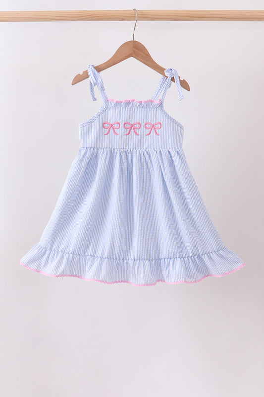 Blue Bow Embroidered Ruffle Dress