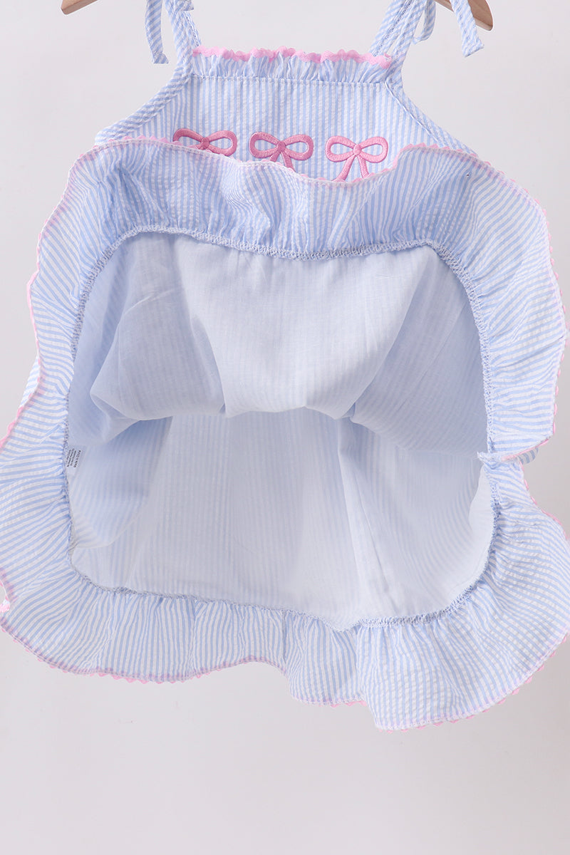 Blue Bow Embroidered Ruffle Dress