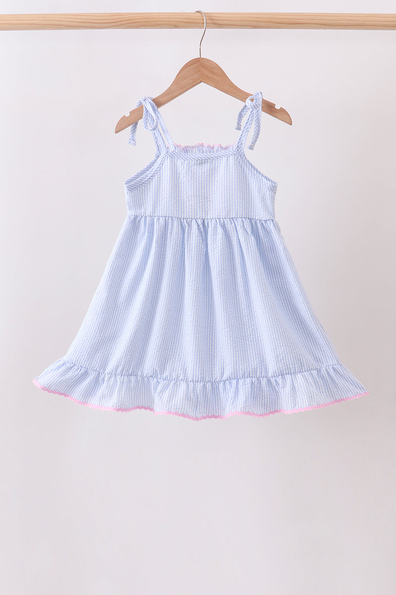Blue Bow Embroidered Ruffle Dress