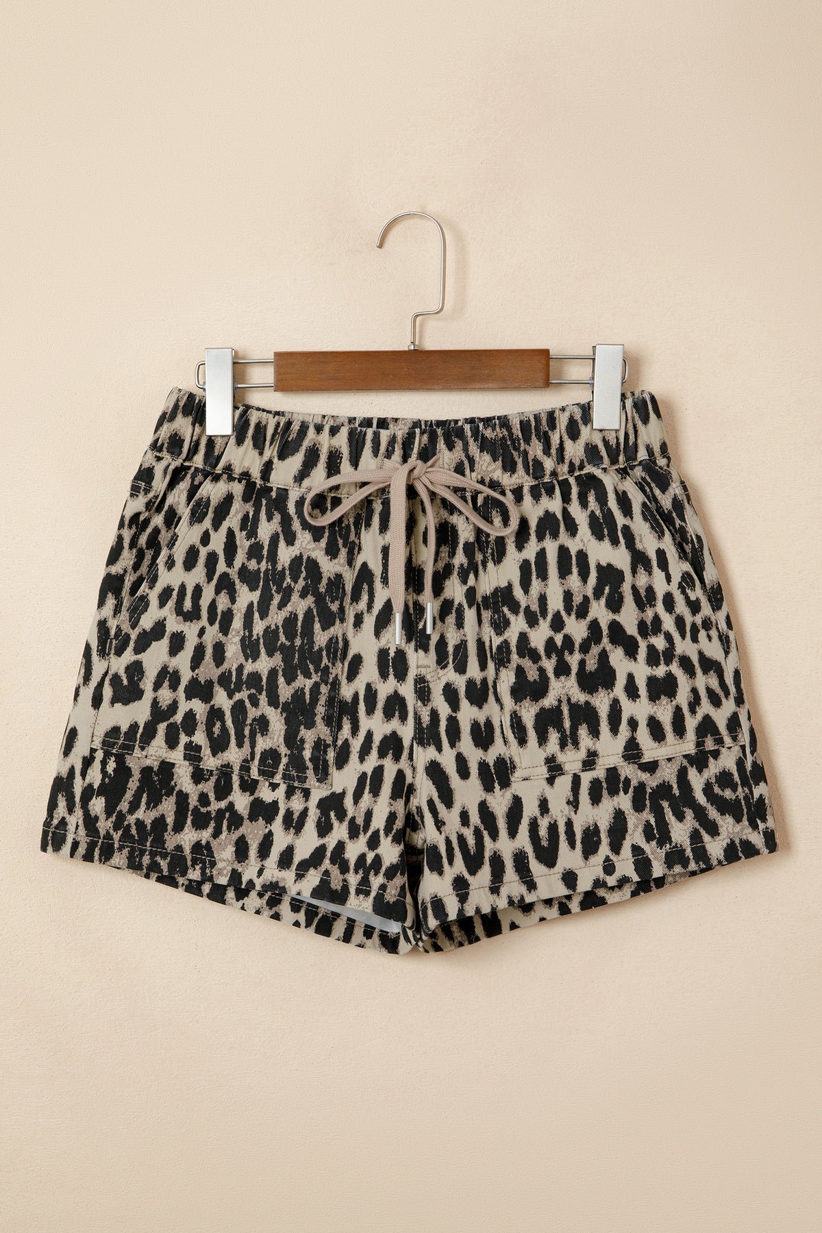 Leopard Print Elastic Waistband Denim Shorts