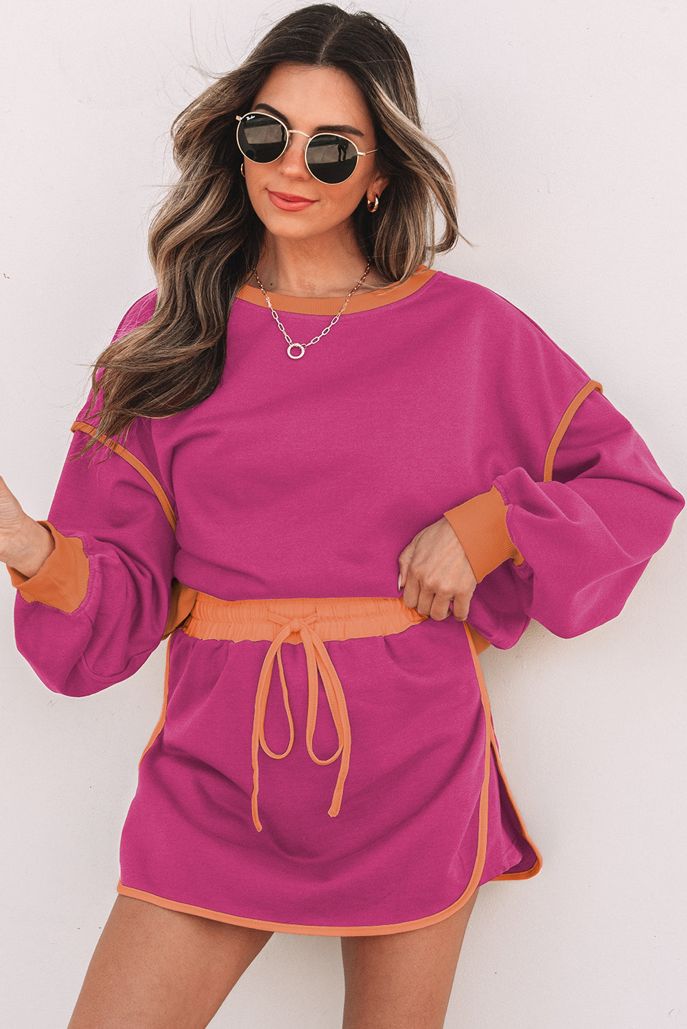 Loose Pullover and Lace-up Waist Skort Set