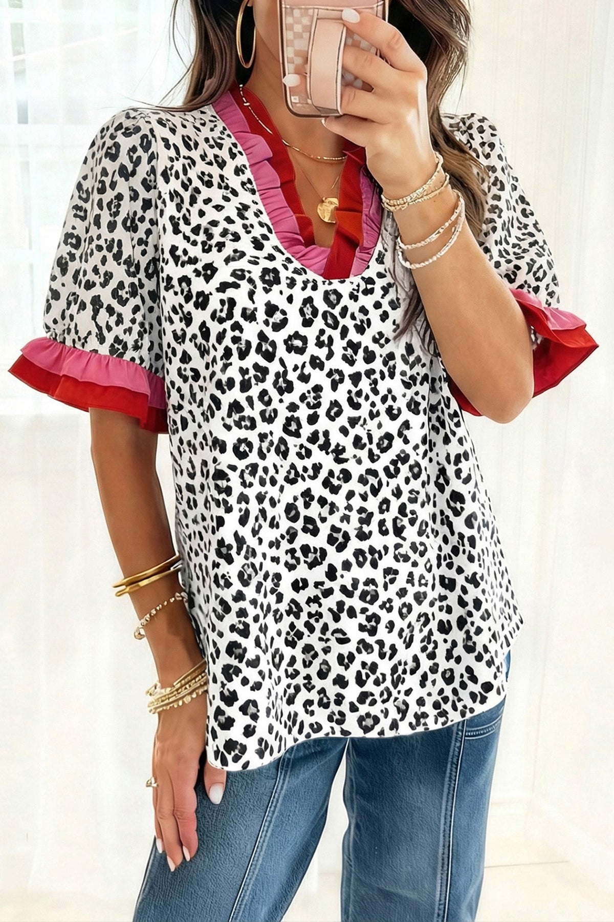 Leopard Print Short Sleeve Blouse