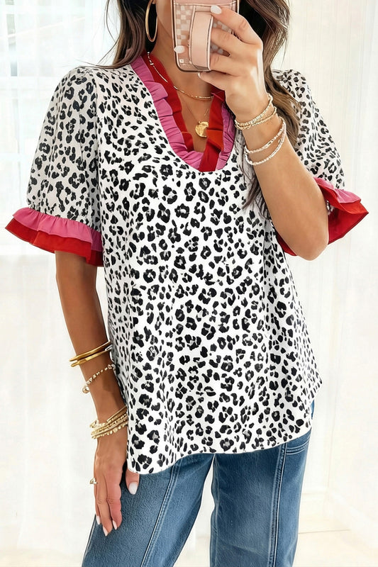 Leopard Print Short Sleeve Blouse