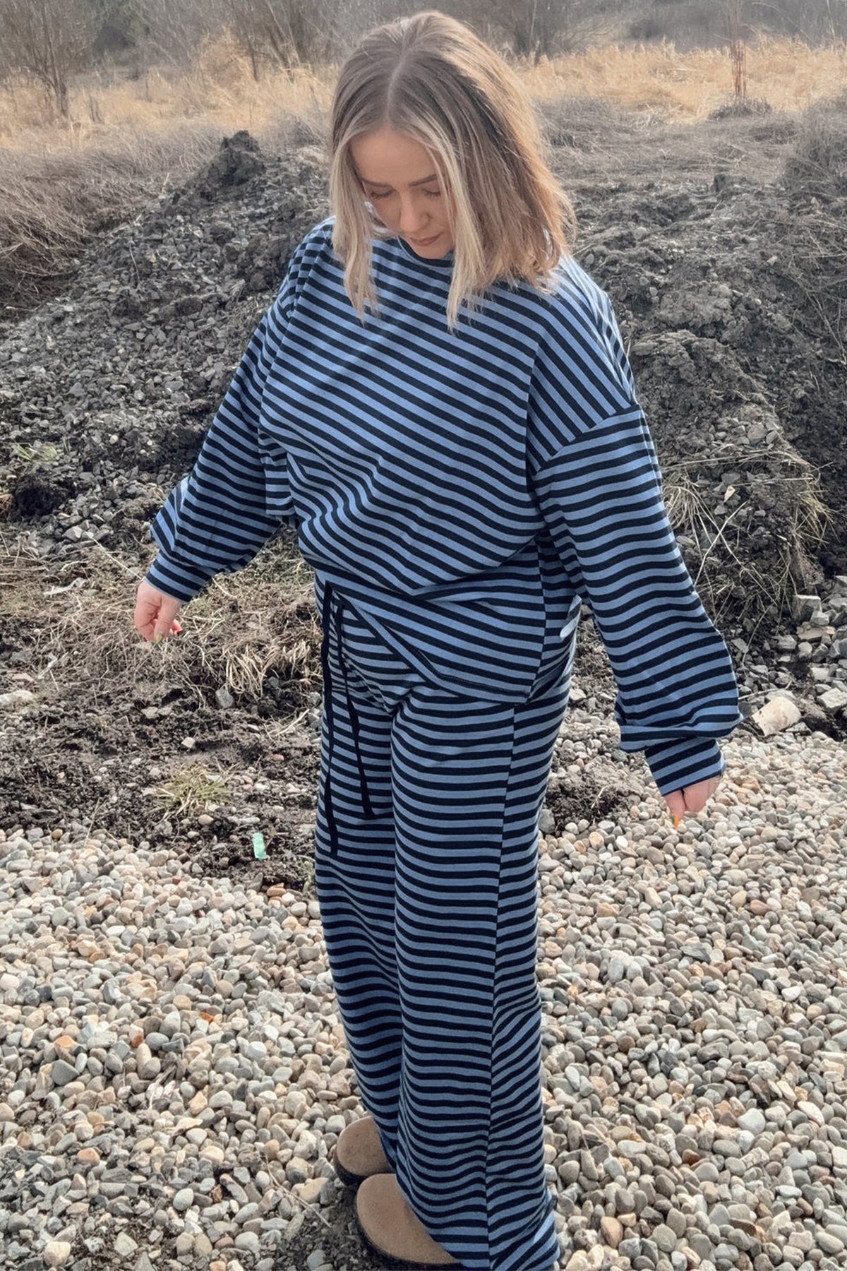 Blue Stripe Long Sleeve Plus Size Lounge Set