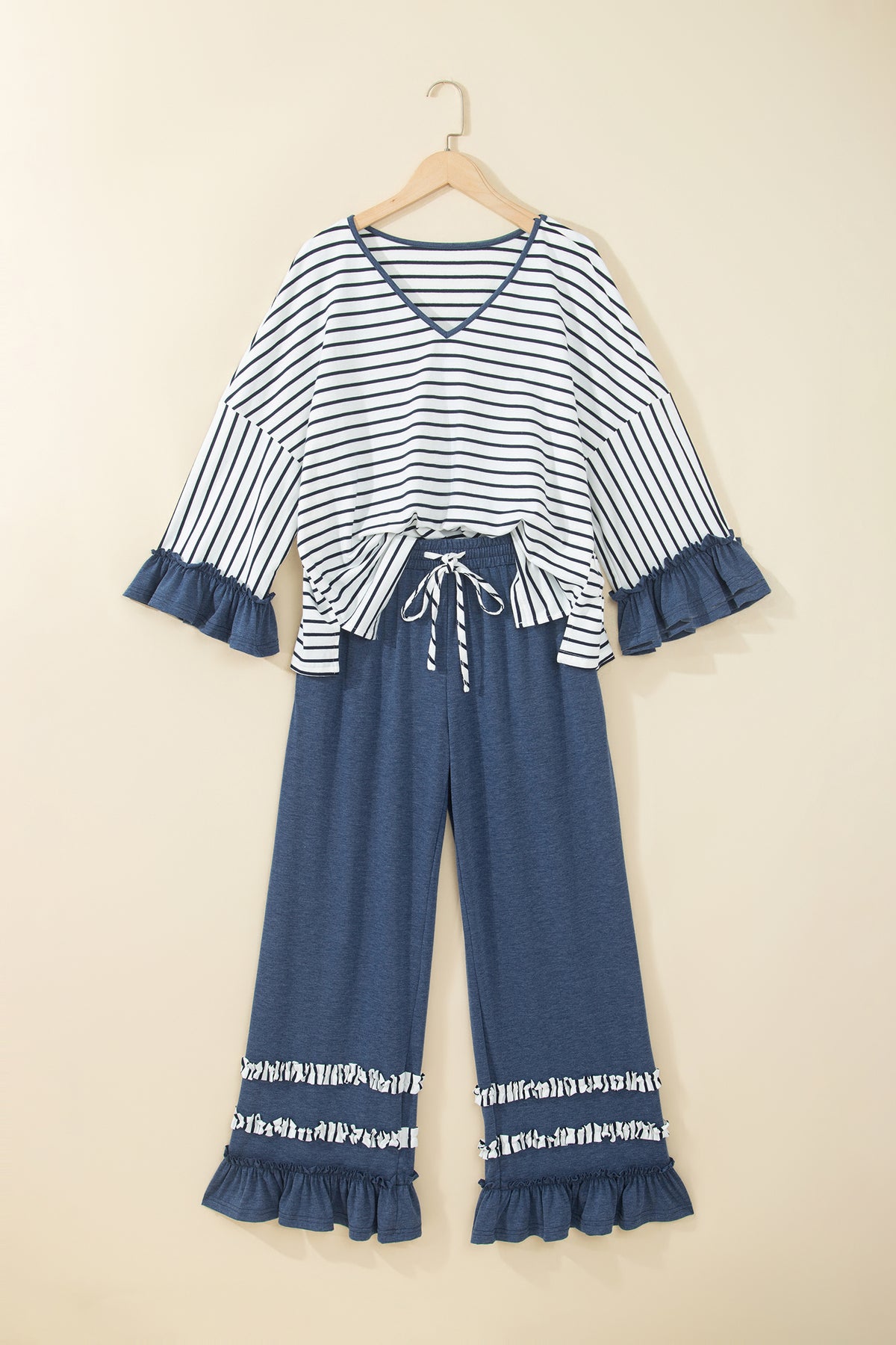 Blue Stripe V Neck Ruffle Contrast Sleeve Top Drawstring Pants 2pcs Set