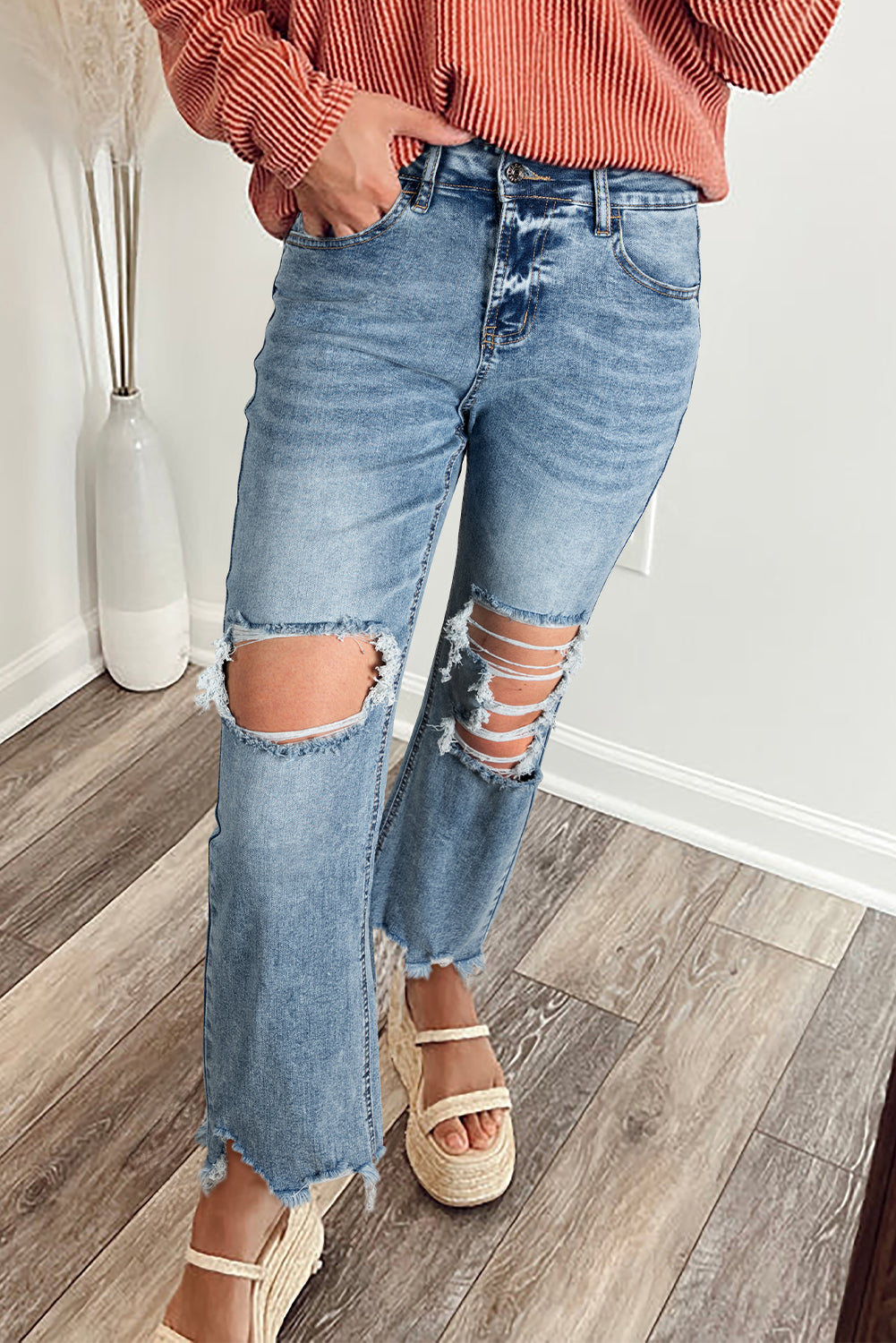 Myosotis Raw Hem Ripped Flare Jeans