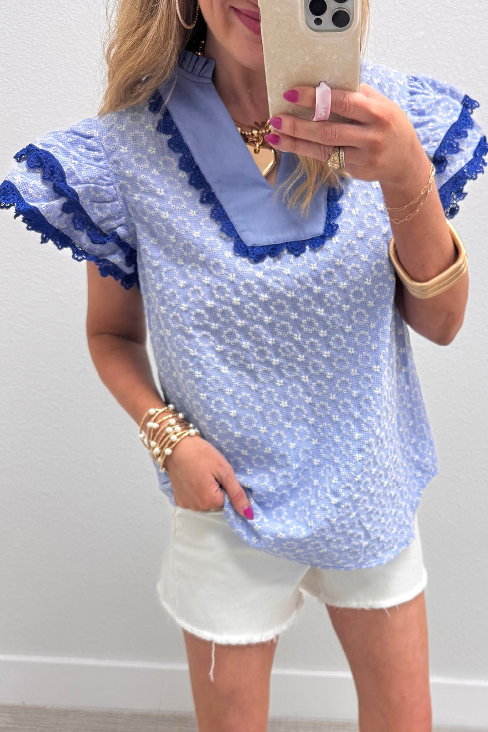 Embroidered Flower Flutter Sleeve Blouse