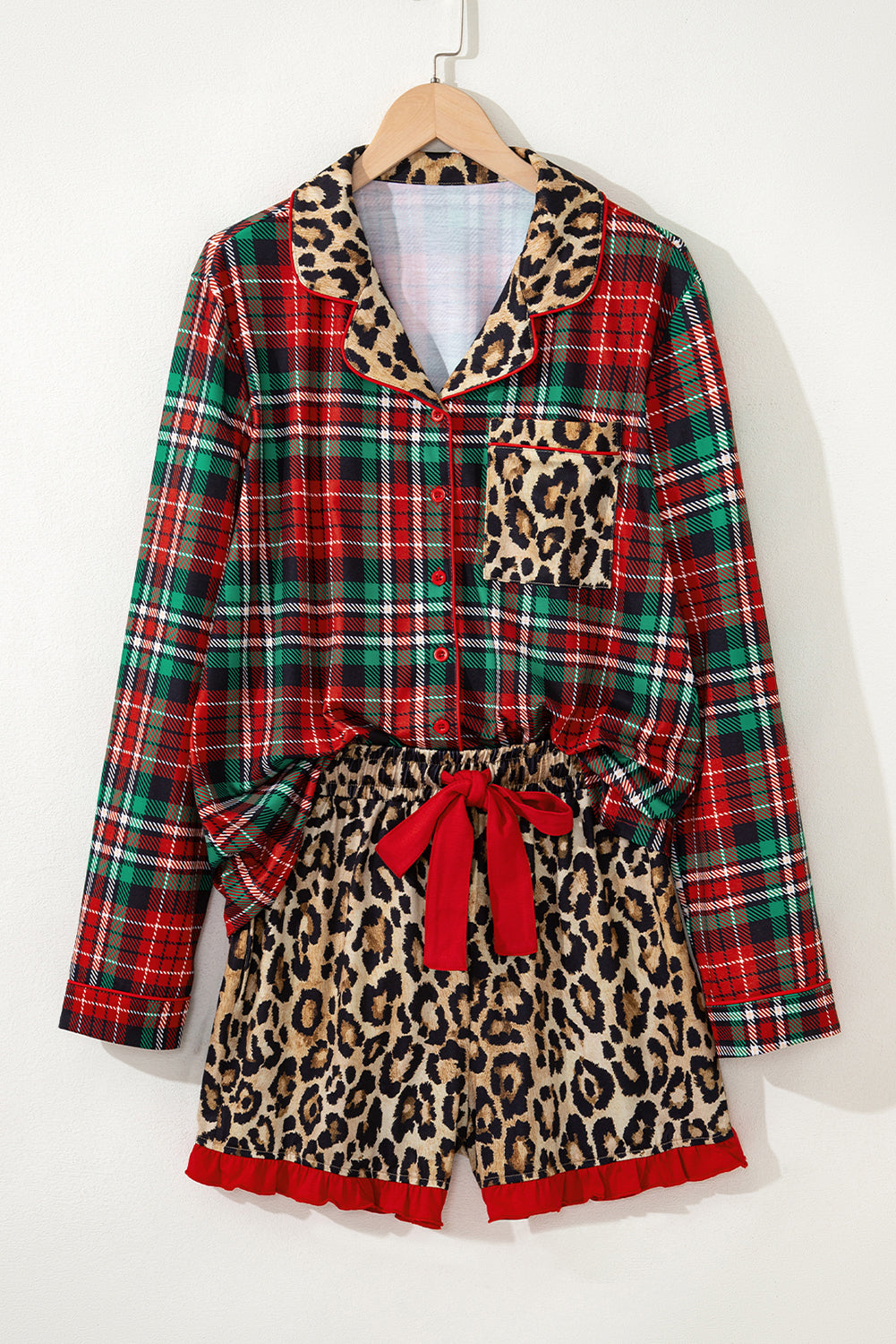 Retro Plaid Leopard Print Pajama Set