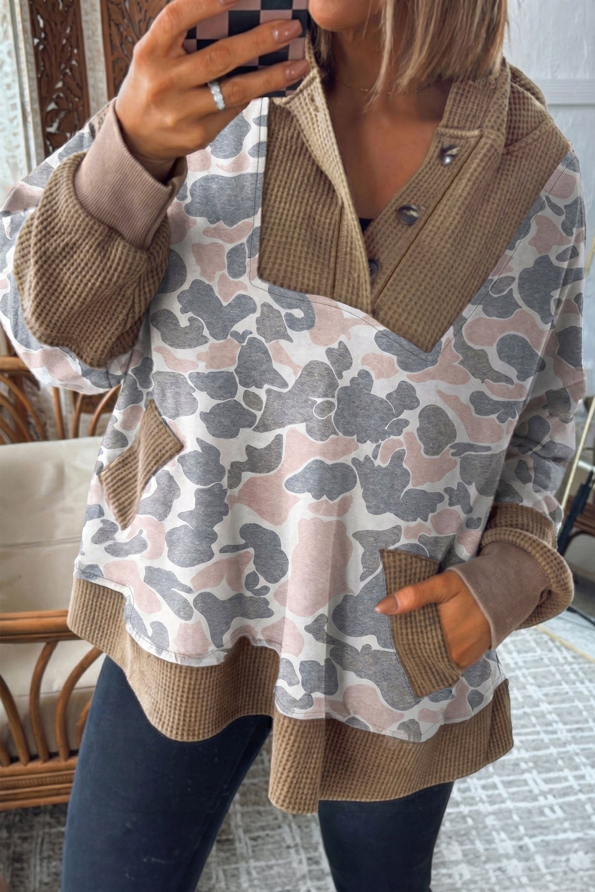 Camouflage Waffle Knit Plus Size Hoodie