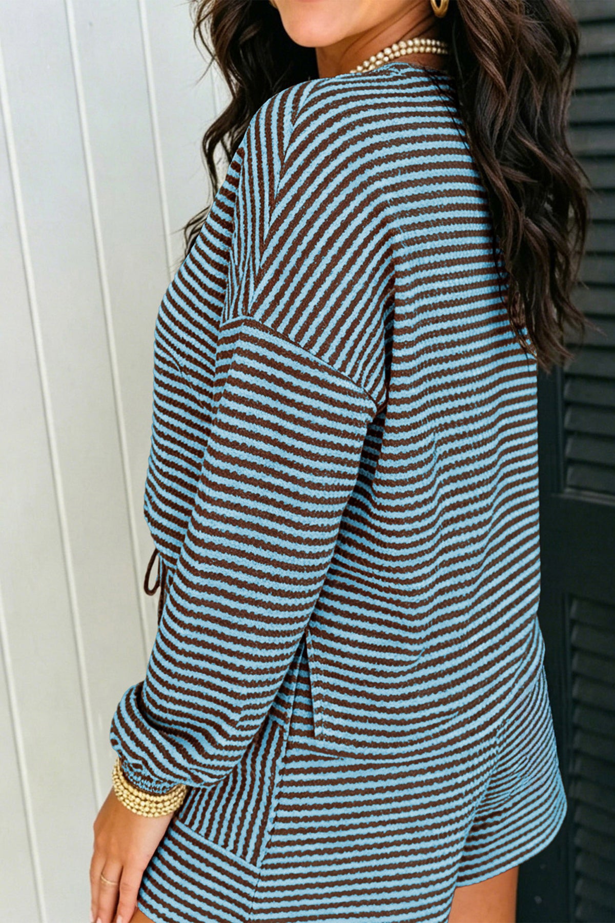 Brown Stripe Long Sleeve Top w/ Shorts