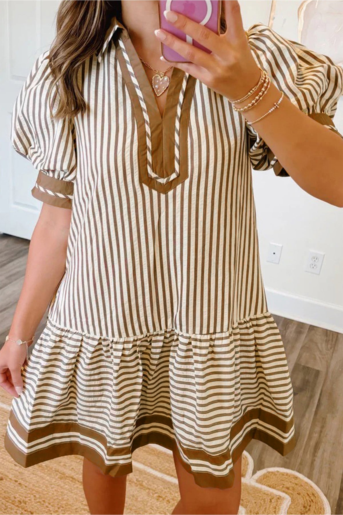 Brown Ruffle Hem Short Dress