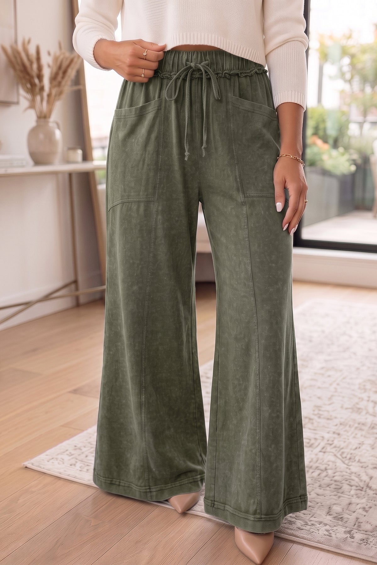 Jungle Green Flare Drawstring Pants