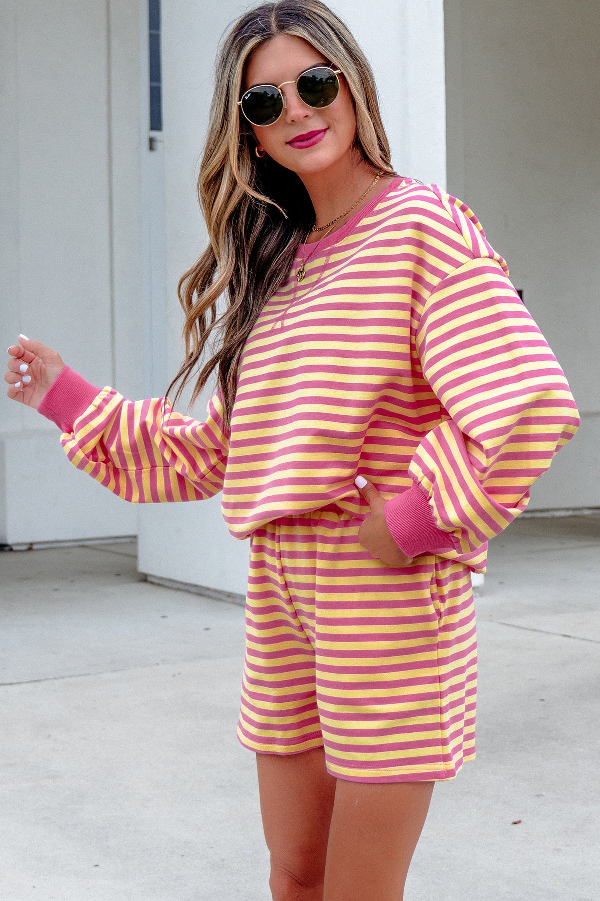 Stripe Long Sleeve Top w/ Shorts Set