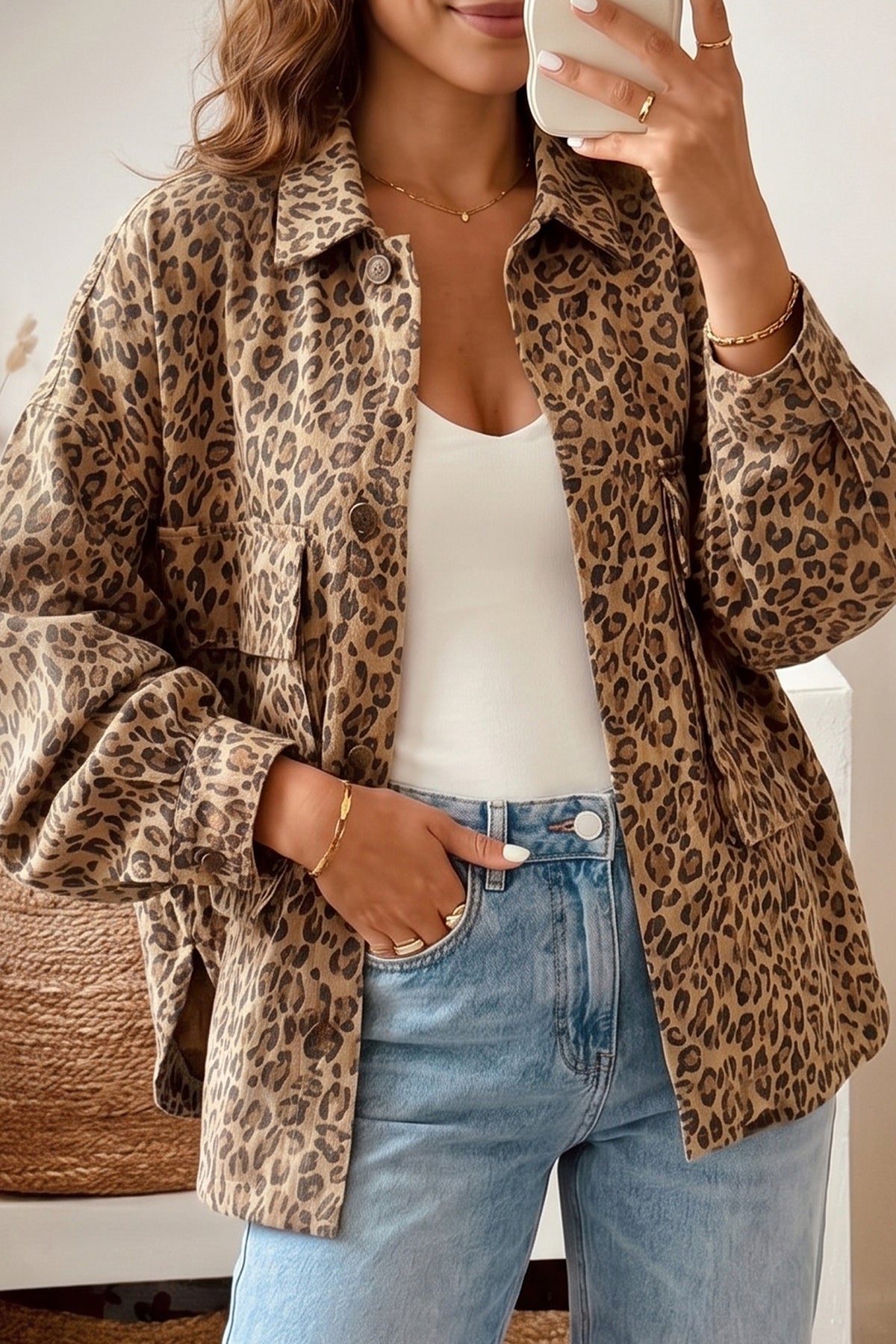 Leopard Print Long Sleeve Denim Jacket