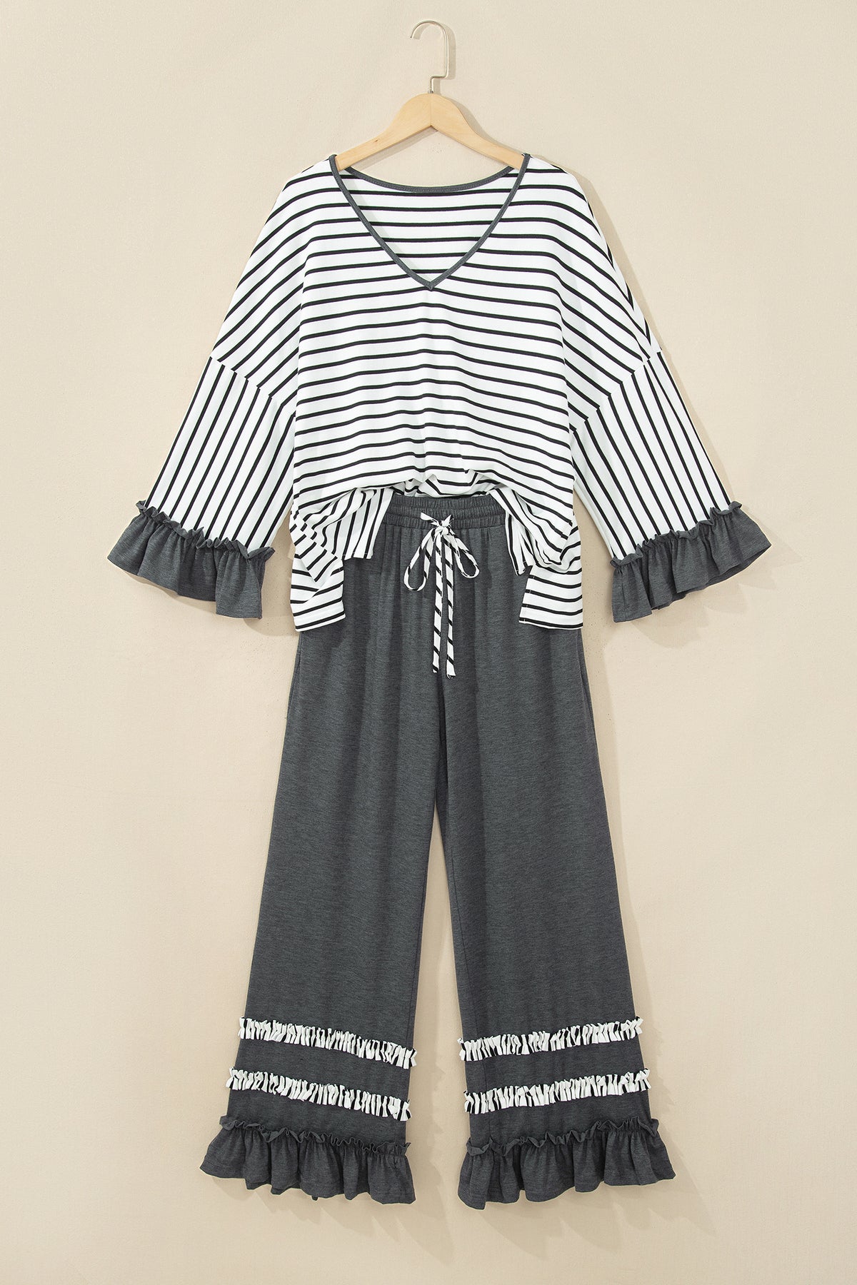 Stripe Ruffle Sleeve Top w/ Pants Set
