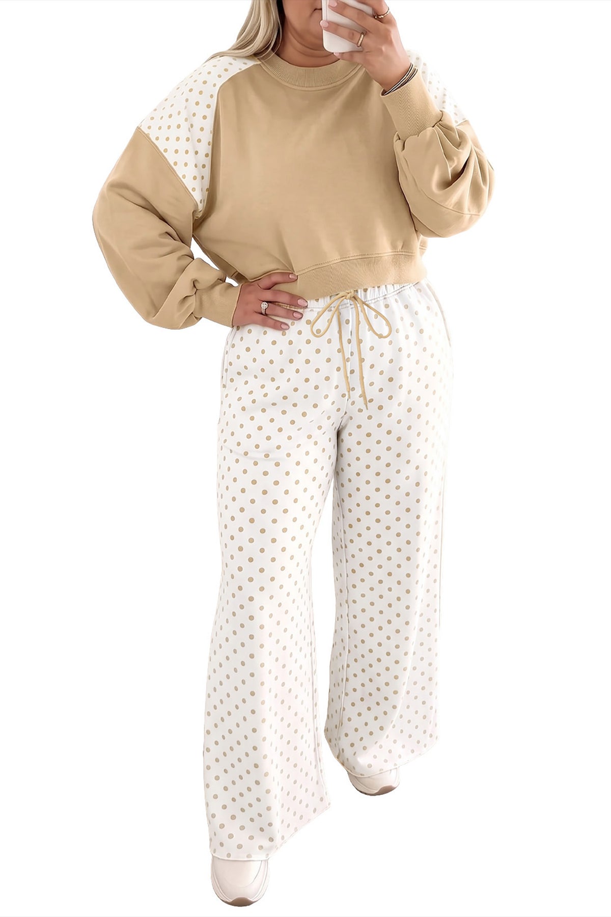 Khaki Plus Size Long Sleeve Top w/Pants Set