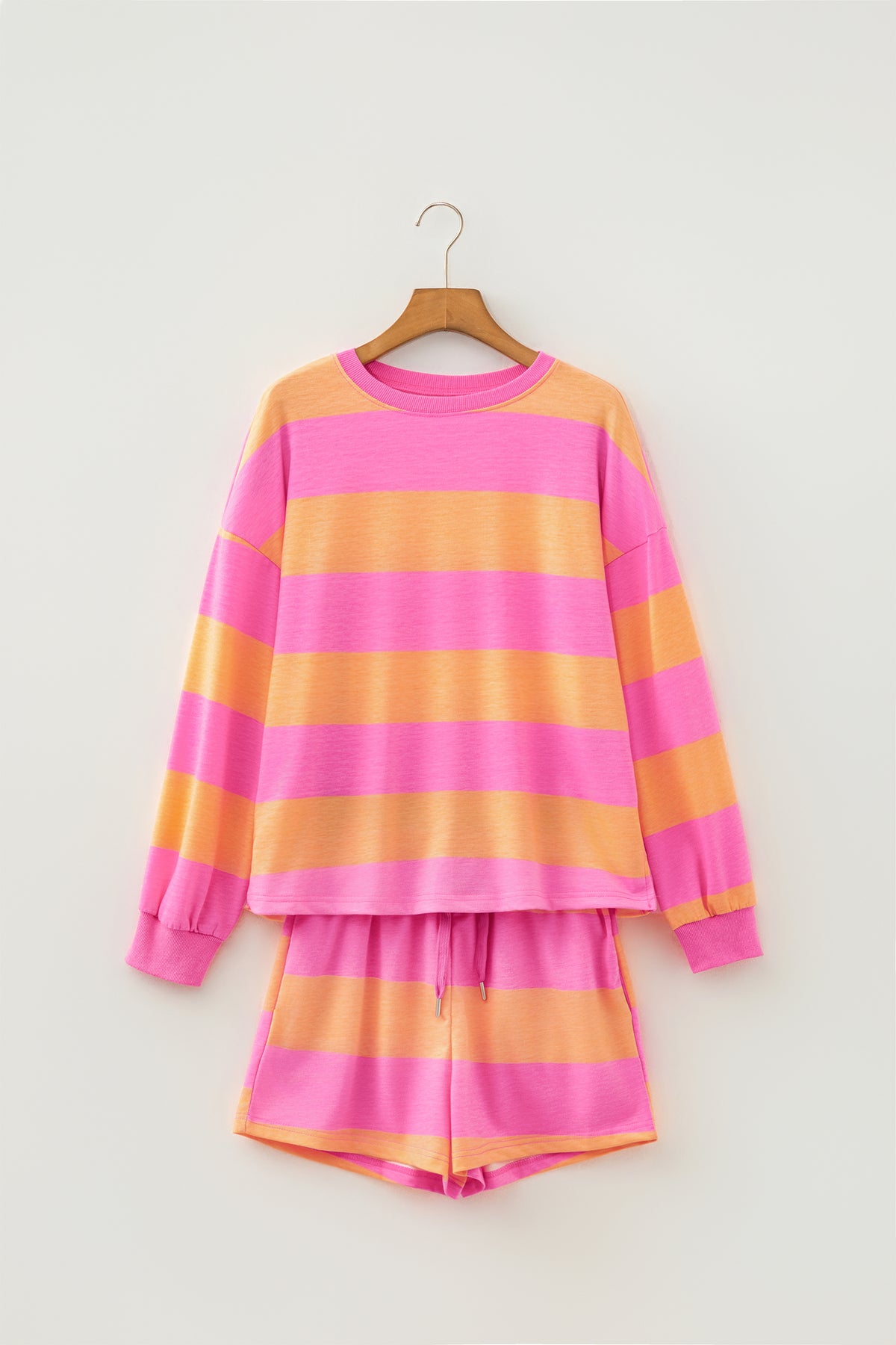 Pink Stripe Long Sleeve Drawstring w/ Shorts Set