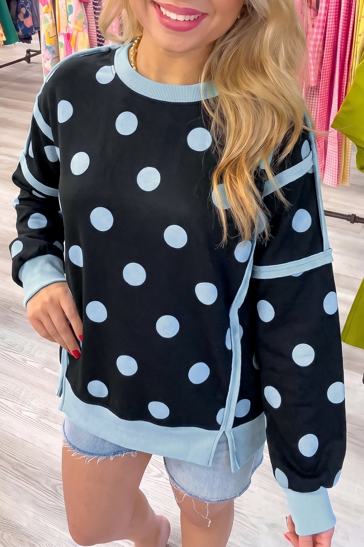 Polka Dot Round Neck Baggy Sweatshirt