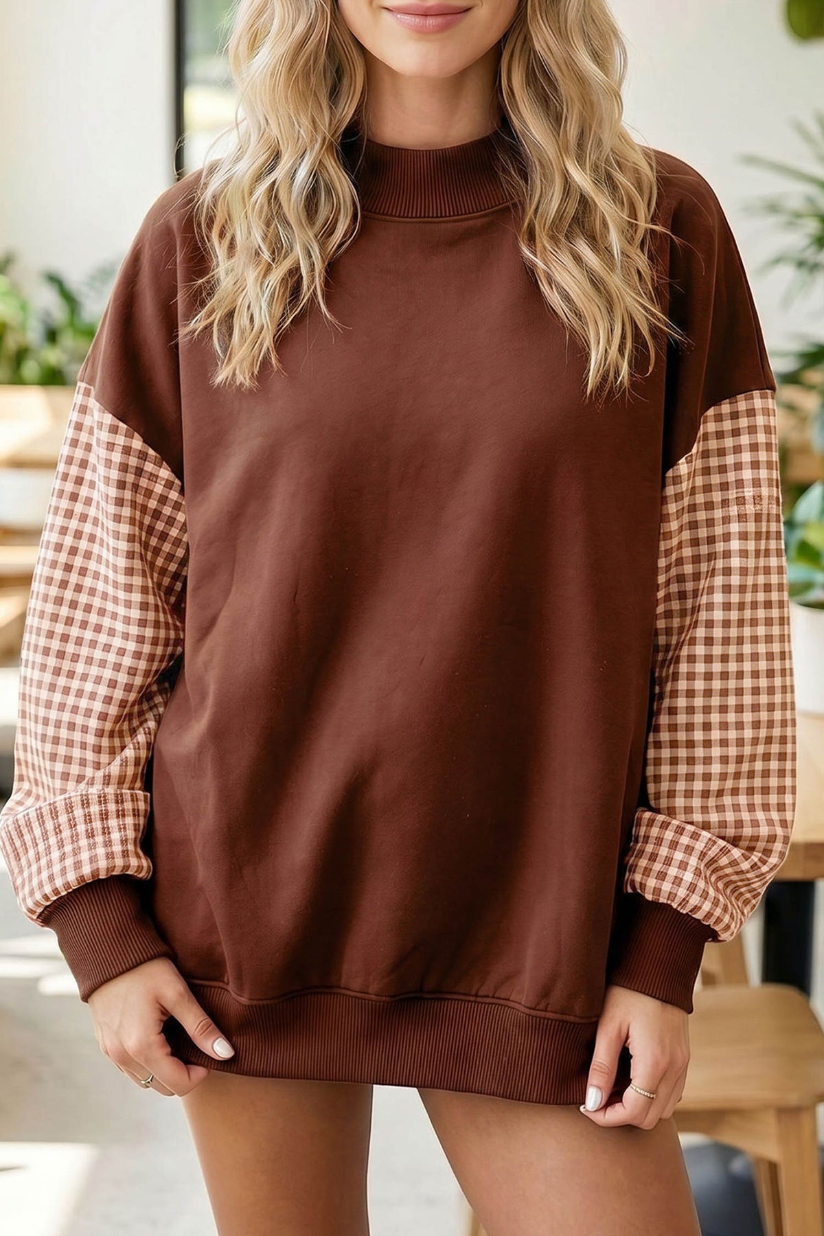 Plaid Sleeve Loose Tunic Sweatshirt