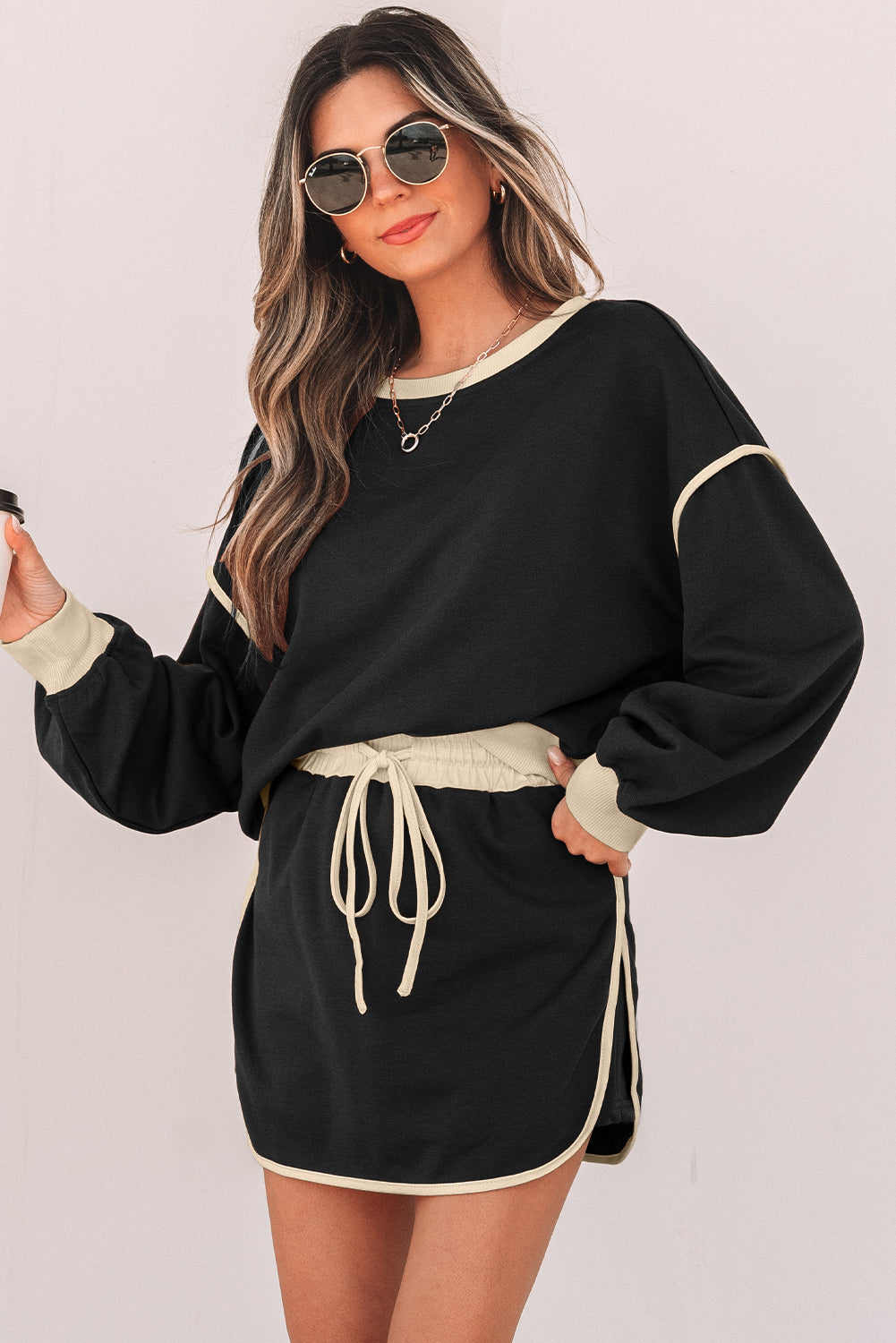 Loose Pullover and Lace-up Waist Skort Set