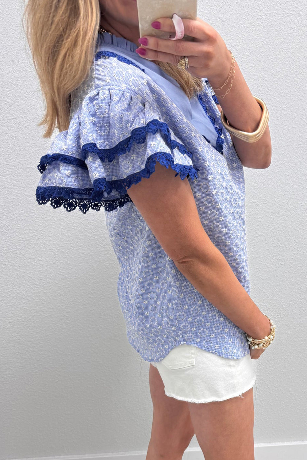 Embroidered Flower Flutter Sleeve Blouse