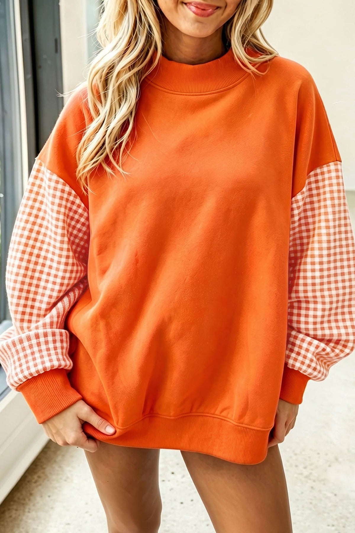 Plaid Sleeve Loose Tunic Sweatshirt