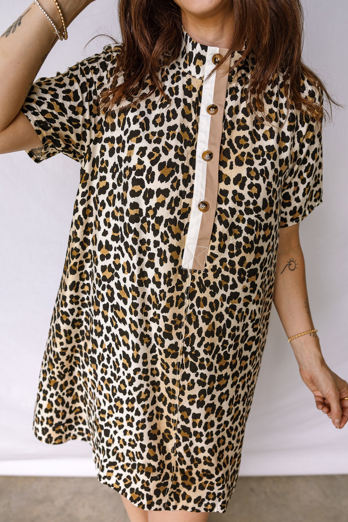 Short Sleeve Leopard Mini Dress with Pockets